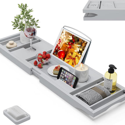 Foldable Bamboo Bathtub Caddy Tray Expandable for Luxury Bath, Bath Accessories & Table with Wine Glass Holder, Book Stand Bathroom Organizer with Extending Sides for Men/Women,White