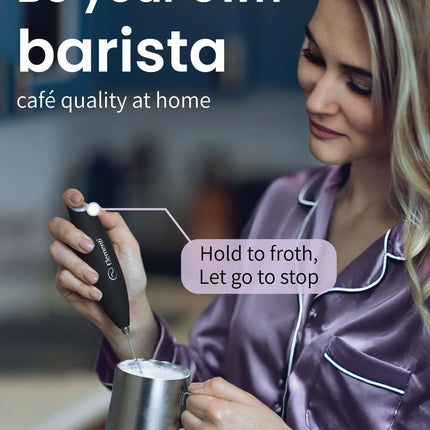 Milk Frother Wand & Drink Mixer - Powerful Coffee Frother Handheld Coffee Mixer Wand with Stand - Milk Foamer to Make Perfect Cappuccino Lattes & Hot Chocolate at Home (Black)