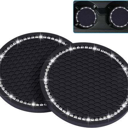 Bling Car Coasters,  2 Pack PVC Car Cup Holder Insert Coaster - anti Slip Universal Vehicle Interior Accessories Crystal Glitter Cup Mats for Women and Men(2.75" Diameter, Black)