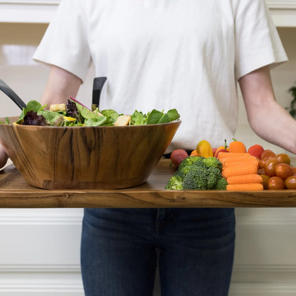 - Acacia Wood Rectangle Tray with Gold Color Handles, One Size