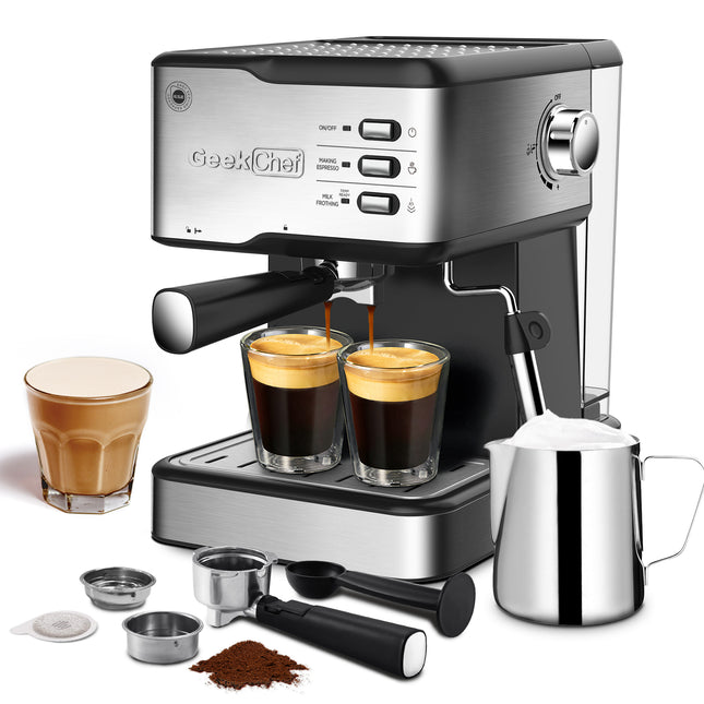 Geek Chef Espresso Machine, Espresso&Cappuccino Latte Maker 20 Bar Coffee Machine Compatible with ESE POD Capsules Filter&Milk Frother Steam Wand, 950W, 1.5L Water Tank,Ban on Amazon