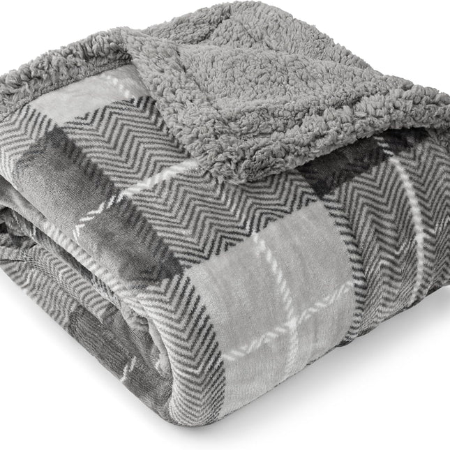 Light Grey Plaid Sherpa Throw Blanket for Couch Twin, Plush Flannel Fleece Blanket and Throws, Soft Fuzzy Cabin Blanket for Sofa Bed, Warm Cozy Winter Blanket Gift, 60X80