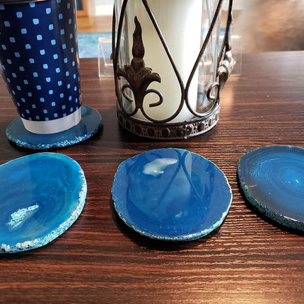 Natural Stone Coasters Set of 4 Blue Agate Crystal Coasters 3-3.5" for Drinks Slice Coaster Cup Mat Beverage Mother Gift