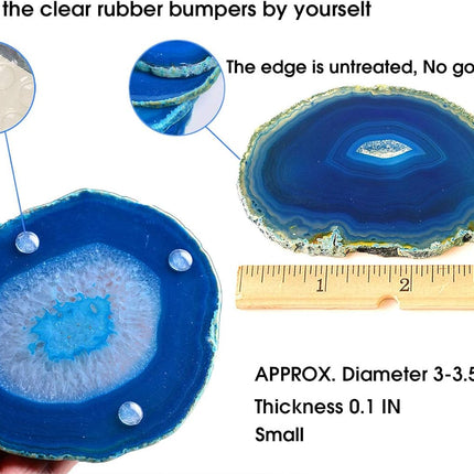 Natural Stone Coasters Set of 4 Blue Agate Crystal Coasters 3-3.5" for Drinks Slice Coaster Cup Mat Beverage Mother Gift