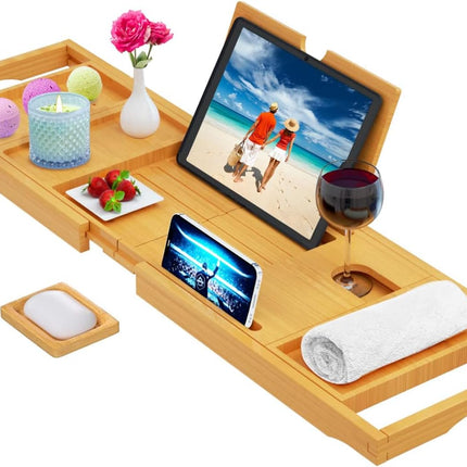 Premium Bathtub Tray Caddy - Bath Tray Bamboo Expandable - Bath Tub Tray Table for Bathtub - Expandable Size, Fits Most Bath Tubs