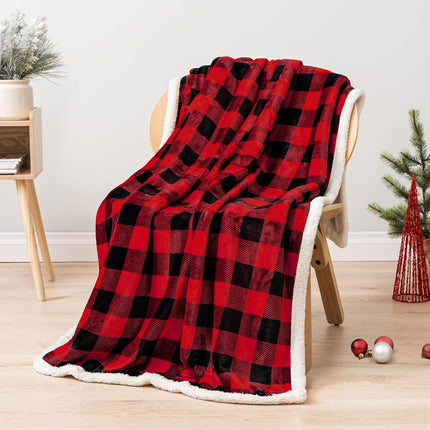 Black and Red Buffalo Plaid Sherpa Throw Blanket for Couch, Plush Red Black Checkered Fleece Blanket and Throws, Soft Fuzzy Flannel Blanket for Sofa Bed, Warm Cozy Winter Blanket Gift, 50X60