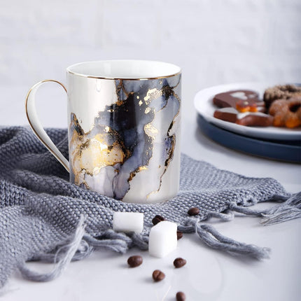 Marble Ceramic Coffee Mug, Tea Cup for Office and Home, 14 OZ, Coffee Tea Cup for Women Men, Black+Gold Marble