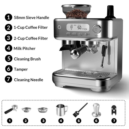 Professional Espresso Machine with Integrated Grinder, LCD Display, and Advanced Milk Frother for Single and Double Serve Coffee