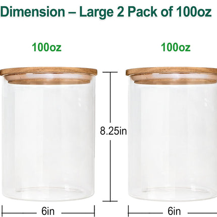 Glass Jars with Airtight Lids, Airtight Glass Canisters Set, Large Glass Storage Containers with Wood Lids, 2 Pack of 100Oz Glass Food Storage Containers, Flour Containers
