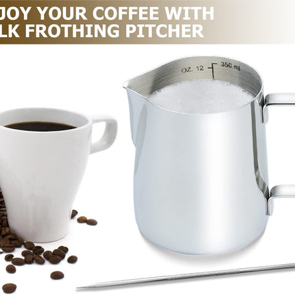 Stainless Steel Milk Frothing Pitcher 12 Oz, Espresso Steaming Pitcher with Decorating Pen for Espresso Machines, Cappuccino, Latte Art a Silver