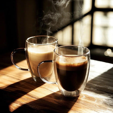 12 Oz Double Walled Glass Coffee Mugs with Handle, Insulated Layer Coffee Cups, Clear Borosilicate Glass Mugs - Gift for Cappuccino,Tea,Latte,Espresso,Hot Beverage,Cold Drinks, Set of 2