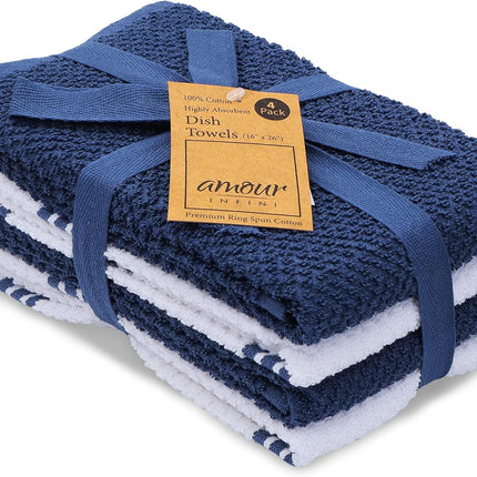 Kitchen Towels Set of 4 - Fast Absorbing, Quick Dry & Super Soft Terry Cotton Dish Towel with Hanging Loop for Cleaning and Drying Dish (16 X 26 Inches - Blue)