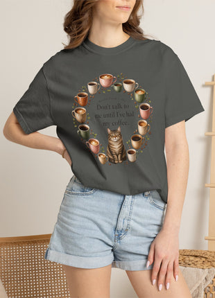 Woodin Creek Coffee Coffee Cat T-Shirt — "Don’t talk to me until I’ve had my coffee" Graphic Tee