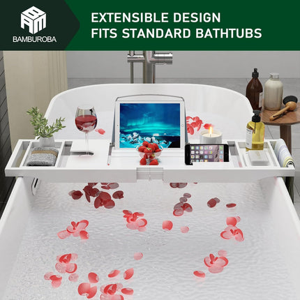 Foldable Bamboo Bathtub Caddy Tray Expandable for Luxury Bath, Bath Accessories & Table with Wine Glass Holder, Book Stand Bathroom Organizer with Extending Sides for Men/Women,White