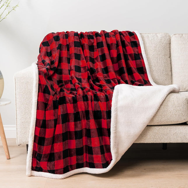 Black and Red Buffalo Plaid Sherpa Throw Blanket for Couch, Plush Red Black Checkered Fleece Blanket and Throws, Soft Fuzzy Flannel Blanket for Sofa Bed, Warm Cozy Winter Blanket Gift, 50X60