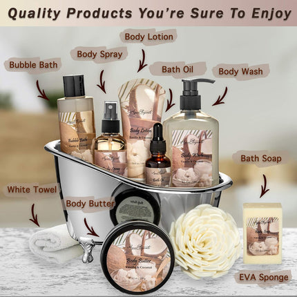 Spa Gift Baskets for Women - Luxury Bath Set with Coconut & Vanilla - Spa Kit Includes Body Wash, Bubble Bath, Lotion, Body Butter, Soap, Body Spray, Shower Puff, and Towel