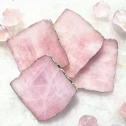 Rose Quartz Decor Coaster, Natural Pink Crystal Coasters Gold Edge Set of 4 (Square 3.5''-4)