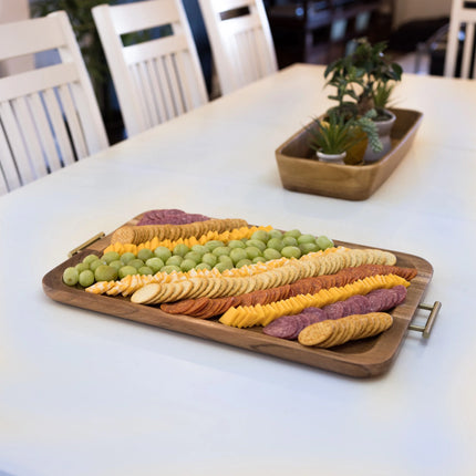 - Acacia Wood Rectangle Tray with Gold Color Handles, One Size