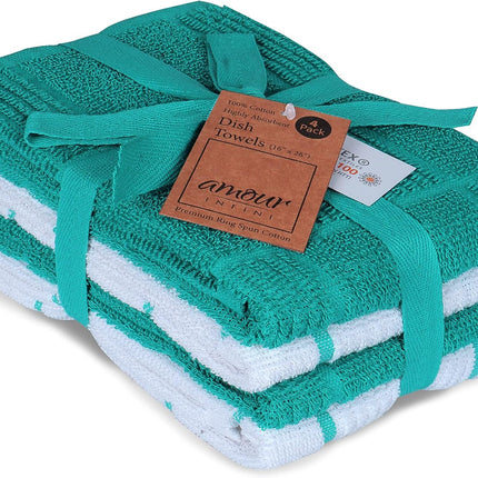 Kitchen Towels Set of 4 - Fast Absorbing, Quick Dry & Super Soft Terry Cotton Dish Towel with Hanging Loop for Cleaning and Drying Dish (16 X 26 Inches - Blue)