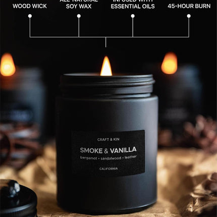 Premium Smoke & Vanilla Candle | Black Scented Candles for Men | Long Lasting with 45 Hour Burn Time, 7.6Oz | Made with Soy | Aromatherapy at Home | Gifts for Men