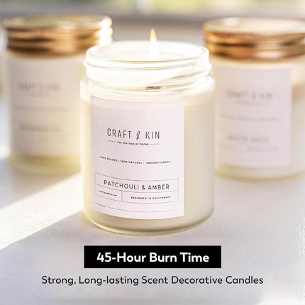 Patchouli & Amber Scented Candle | 8 Oz 45 Hour Long Lasting | Classic Soy Candles Wood Wick | Made with Natural Soy | Gifts for Men and Women