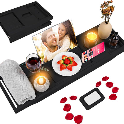 Foldable Bathtub Caddy Tray, Bamboo Bath Tub Tray Table for Tub with Wine Glass Holder Book Phone Tablet Holder with Extending Sides, Adjustable Bathroom Bathtub Free Soap Holder Gift Idea (Beige)