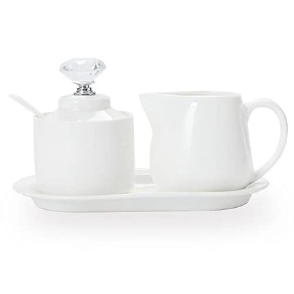 Ceramic Sugar Bowl and Creamer with Tray and Crystal Lid Set of 4,Silver