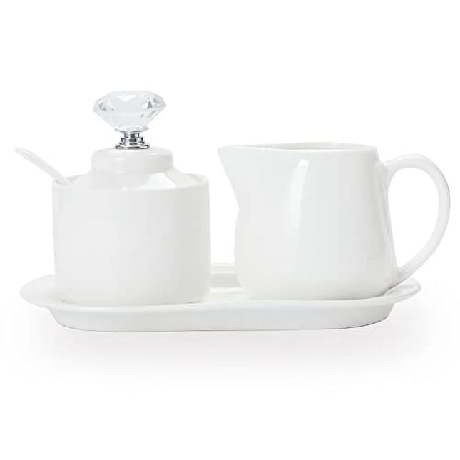 Ceramic Sugar Bowl and Creamer with Tray and Crystal Lid Set of 4,Silver