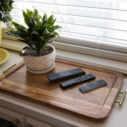 - Acacia Wood Rectangle Tray with Gold Color Handles, One Size