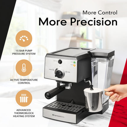 All-In-One Espresso Machine with Milk Frother 7-Piece Set - Latte Maker Includes Grinder, Frothing Pitcher, Cups, Spoon and Tamper - Coffee Gifts (Stainless Steel)