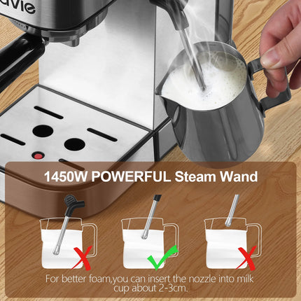 Espresso Machine Steel Silver, 20 Bar Coffee Espresso Maker with Milk Frother Steam Wand, 1L Water Reservoir, New