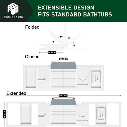 Foldable Bamboo Bathtub Caddy Tray Expandable for Luxury Bath, Bath Accessories & Table with Wine Glass Holder, Book Stand Bathroom Organizer with Extending Sides for Men/Women,White
