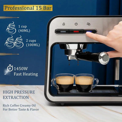 15-Bar Automatic Espresso Machine with Milk Frother, 37 Oz