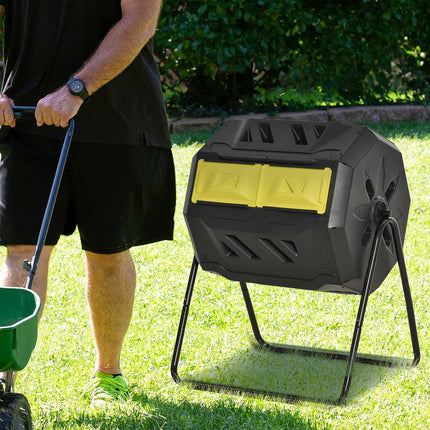 Tumbling Compost Bin Outdoor 360° Dual Chamber Rotating Composter 43 Gallon, Yellow