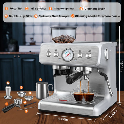 Espresso Machine with Grinder and Milk Frother Steam Wand, 15 Bar Pump & 95 Ounce Water Reservoir, Professional Coffee Machine, New, Stainless Steel