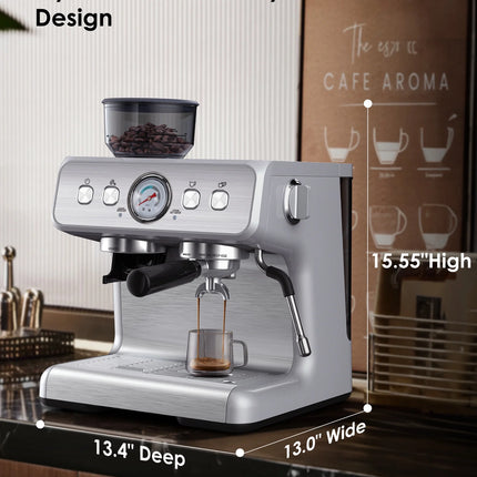 Espresso Machine with Grinder and Milk Frother Steam Wand, 15 Bar Pump & 95 Ounce Water Reservoir, Professional Coffee Machine, New, Stainless Steel