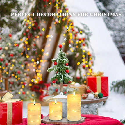 Flameless Candles with String Lights，Battery Operated Candles,Led Flickering Candles with Remote Control and Timer, Real Wax, 3 Pack-Ivory White