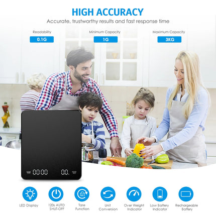 Digital Scale,  3Kg/0.1G Coffee Scale Rechargeable Pour-Over Digital Coffee Scale with Touch Sensor Precise Scale for Kitchen Home Office