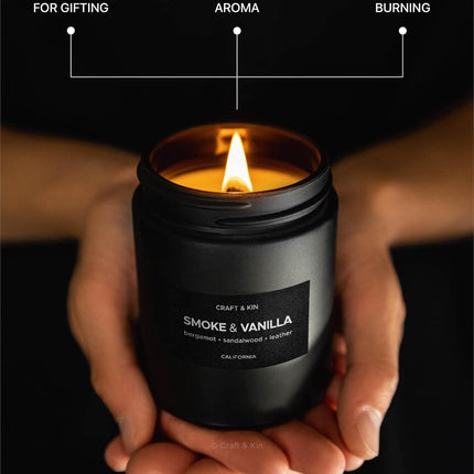 Premium Smoke & Vanilla Candle | Black Scented Candles for Men | Long Lasting with 45 Hour Burn Time, 7.6Oz | Made with Soy | Aromatherapy at Home | Gifts for Men