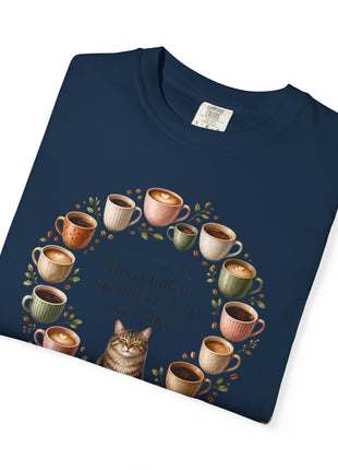 Woodin Creek Coffee Coffee Cat T-Shirt — "Don’t talk to me until I’ve had my coffee" Graphic Tee