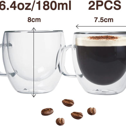 Glass Espresso Cups, Set of 2 6Oz Double Wall Thermo Insulated Shot Cups with Handle, Coffee Mugs for Cappuccino, Great Gift for Coffee Lovers