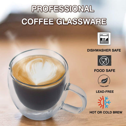 Glass Espresso Cups, Set of 2 6Oz Double Wall Thermo Insulated Shot Cups with Handle, Coffee Mugs for Cappuccino, Great Gift for Coffee Lovers
