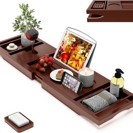 Foldable Bamboo Bathtub Caddy Tray Expandable for Luxury Bath, Bath Accessories & Table with Wine Glass Holder, Book Stand Bathroom Organizer with Extending Sides for Men/Women,White