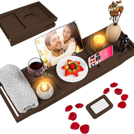 Foldable Bathtub Caddy Tray, Bamboo Bath Tub Tray Table for Tub with Wine Glass Holder Book Phone Tablet Holder with Extending Sides, Adjustable Bathroom Bathtub Free Soap Holder Gift Idea (Beige)