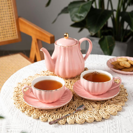 Royal Tea Cups and Saucers, with Gold Trim and Gift Box, British Coffee Cups, Tea Cup Set, Porcelain Tea Set, Cappuccino Cups, Latte Cups, Set of 6 (8 Oz)- Pink