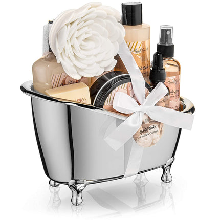 Spa Gift Baskets for Women - Luxury Bath Set with Coconut & Vanilla - Spa Kit Includes Body Wash, Bubble Bath, Lotion, Body Butter, Soap, Body Spray, Shower Puff, and Towel