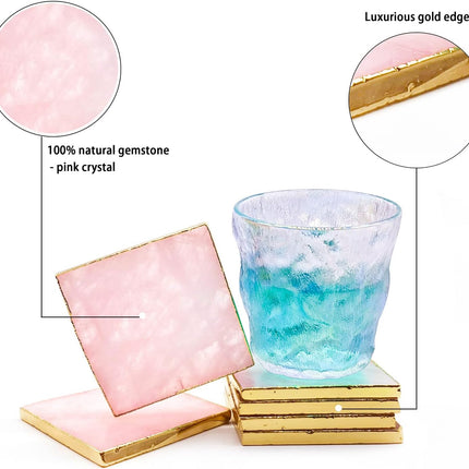 Rose Quartz Decor Coaster, Natural Pink Crystal Coasters Gold Edge Set of 4 (Square 3.5''-4)