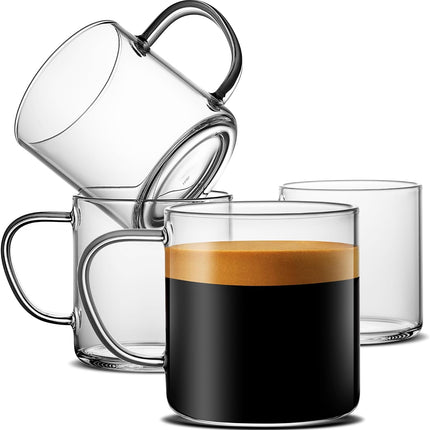 4Pcs Set Simple Glass Coffee Mugs-Hand Blown&Seamless Design,14 Oz Clear Coffee Cups-Heat Resistant and Explosion-Proof,Lightweight Tea Mugs with anti Scald Handle Ideal for Home,Cafe,Coffee Bar