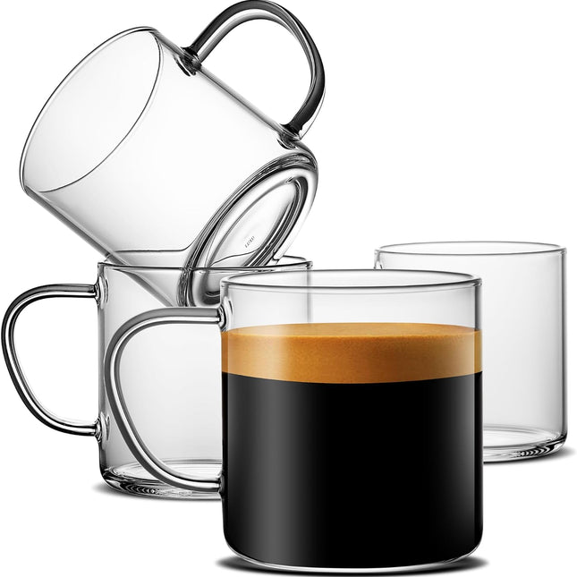 4Pcs Set Simple Glass Coffee Mugs-Hand Blown&Seamless Design,14 Oz Clear Coffee Cups-Heat Resistant and Explosion-Proof,Lightweight Tea Mugs with anti Scald Handle Ideal for Home,Cafe,Coffee Bar