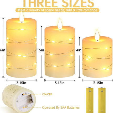 Flameless Candles with String Lights，Battery Operated Candles,Led Flickering Candles with Remote Control and Timer, Real Wax, 3 Pack-Ivory White